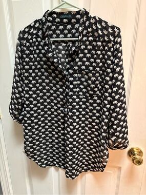 Cals Black Button-Up Blouse with White Elephant Print